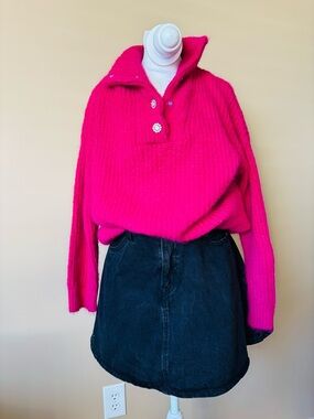 Express Hot Pink Ribbed Button-Front Turtleneck Sweater